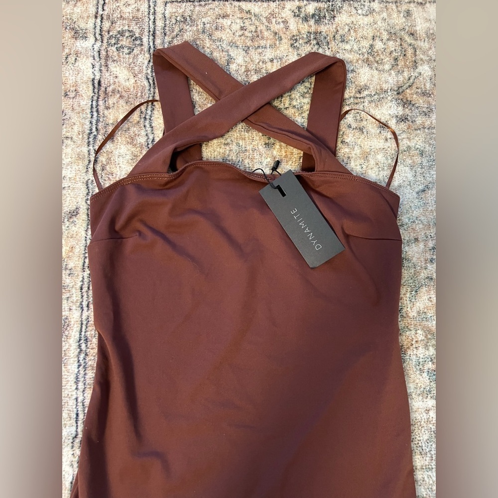 DYNAMITE Womens Square Neck Tank Bodysuit Bitter Chocolate XS Slim Fit - Picture 8 of 16